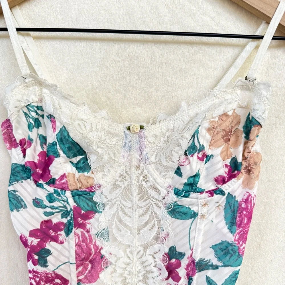 NWOT Free People Good Luck Charm Floral Printed Thong Bodysuit w/ Lace in White